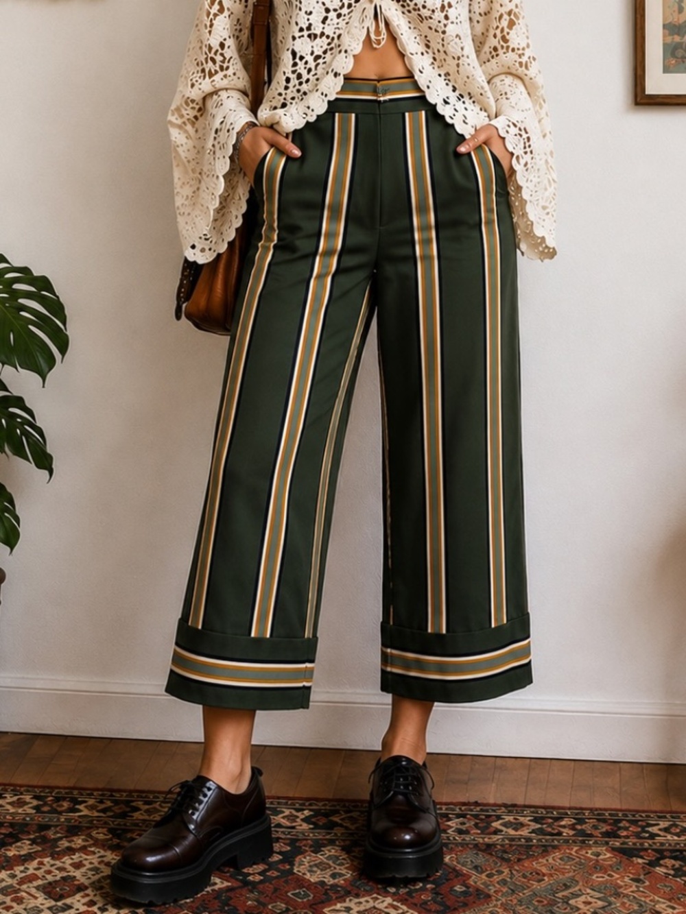 Sky & Sparrow Cropped Pants Womens Size Small Green Yellow Striped Boho